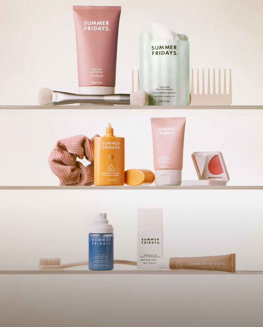 Summer Fridays skincare and hybrid makeup arranged on shelves